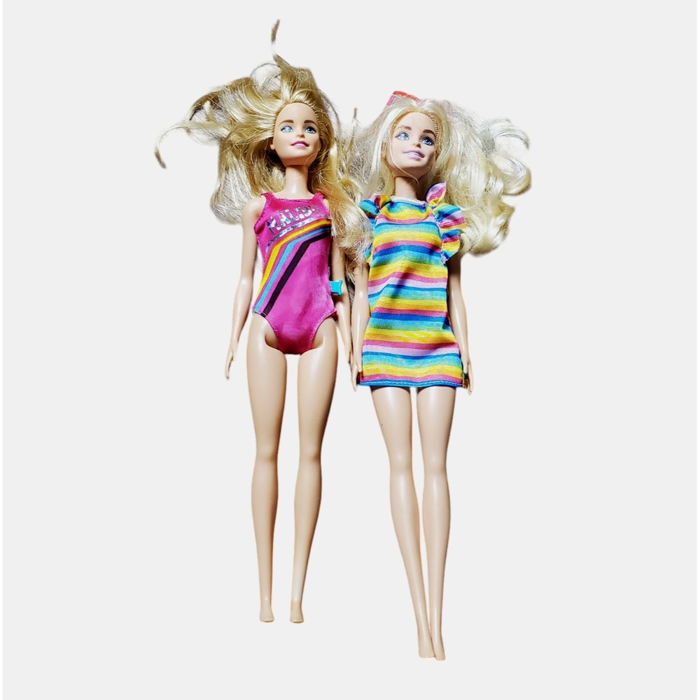 Lot of 2 Barbie Dolls Malibu Blonde Bathing Suit & Rainbow Dress Outfit